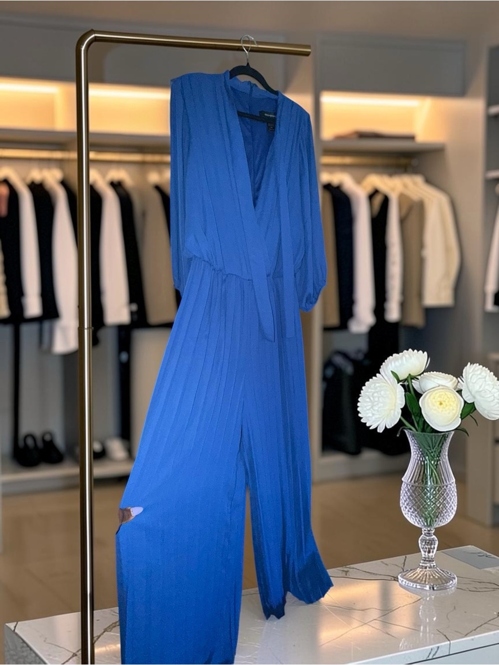 Ashley Stewart Cobalt Blue Pleated V-Neck Jumpsuit with Tie Waist